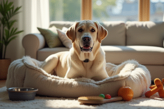Labrador assis confortablement dans un lit pour chien