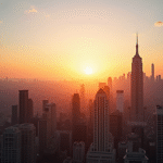 Lever de soleil sur la skyline d'une ville globale avec ciel lumineux