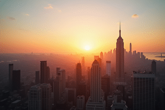 Lever de soleil sur la skyline d'une ville globale avec ciel lumineux