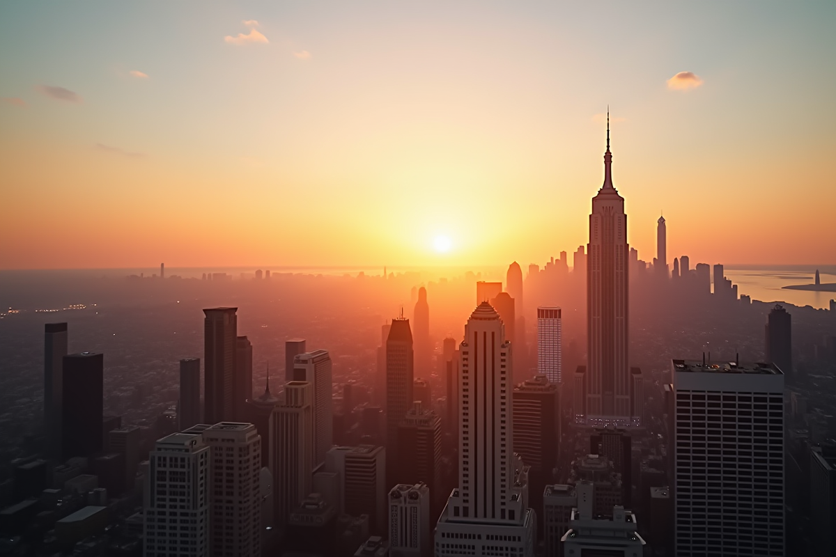 Lever de soleil sur la skyline d'une ville globale avec ciel lumineux