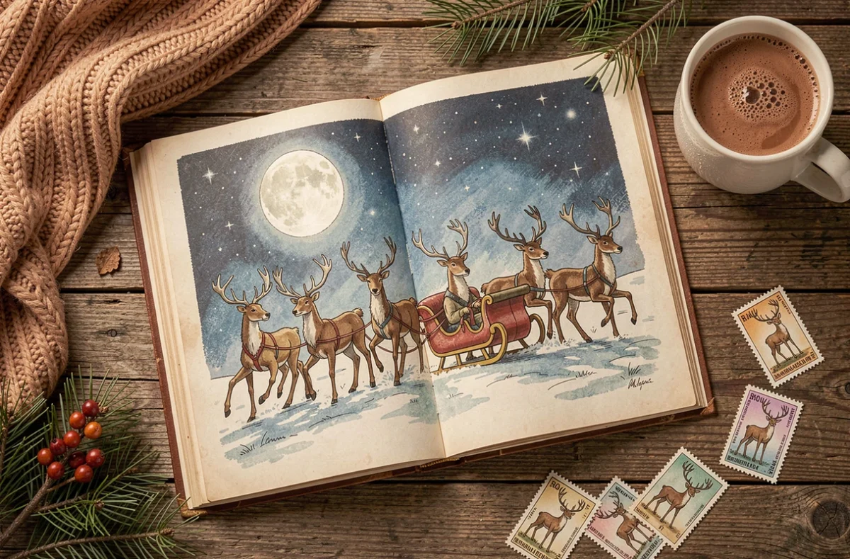 Livre illustré vintage ouvert montrant des rennes tirant le traîneau du Père Noël sous un ciel étoilé