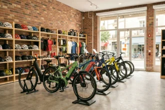 Vue intérieure d'un magasin de vélos électriques en Nouvelle-Aquitaine avec une rangée de vélos exposés
