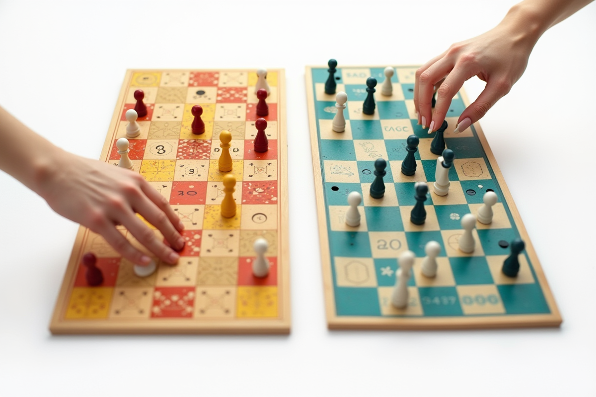 Main arrangeant des plateaux de jeu de lance sur fond blanc lumineux