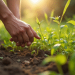 Mains arrachant des mauvaises herbes dans un jardin ensoleille