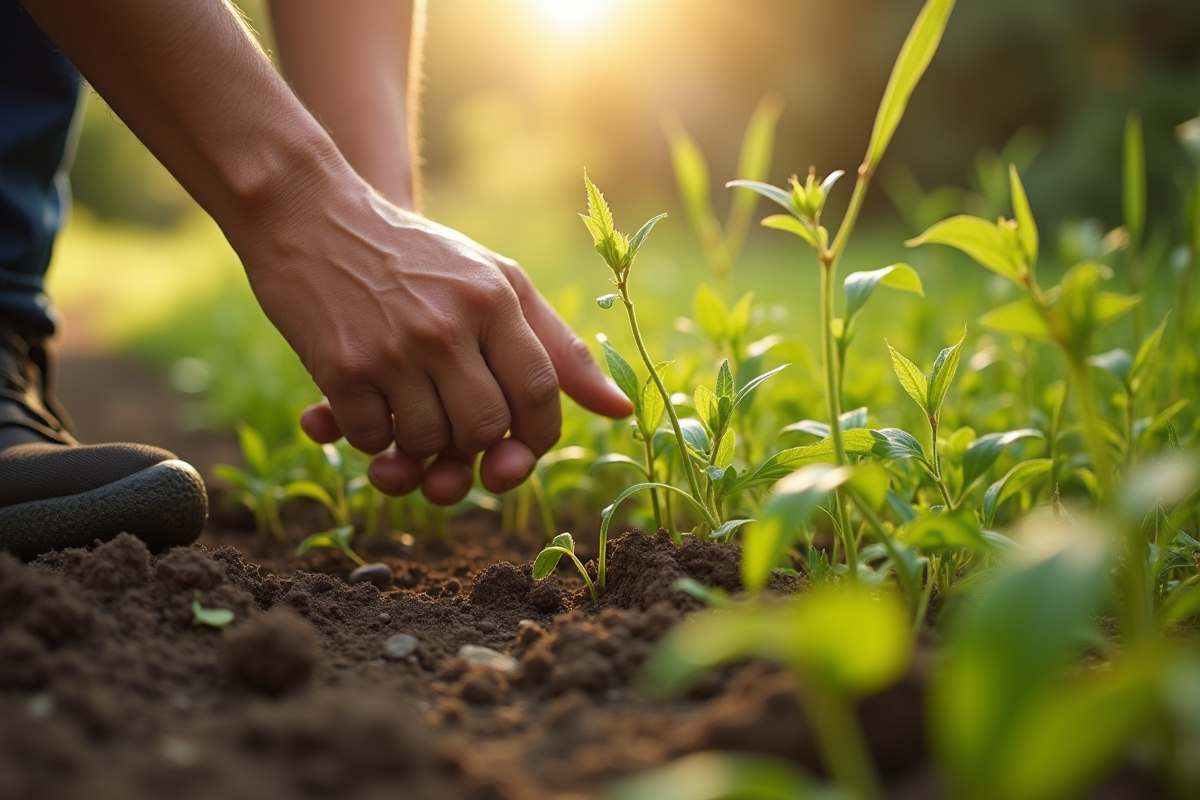 Mains arrachant des mauvaises herbes dans un jardin ensoleille