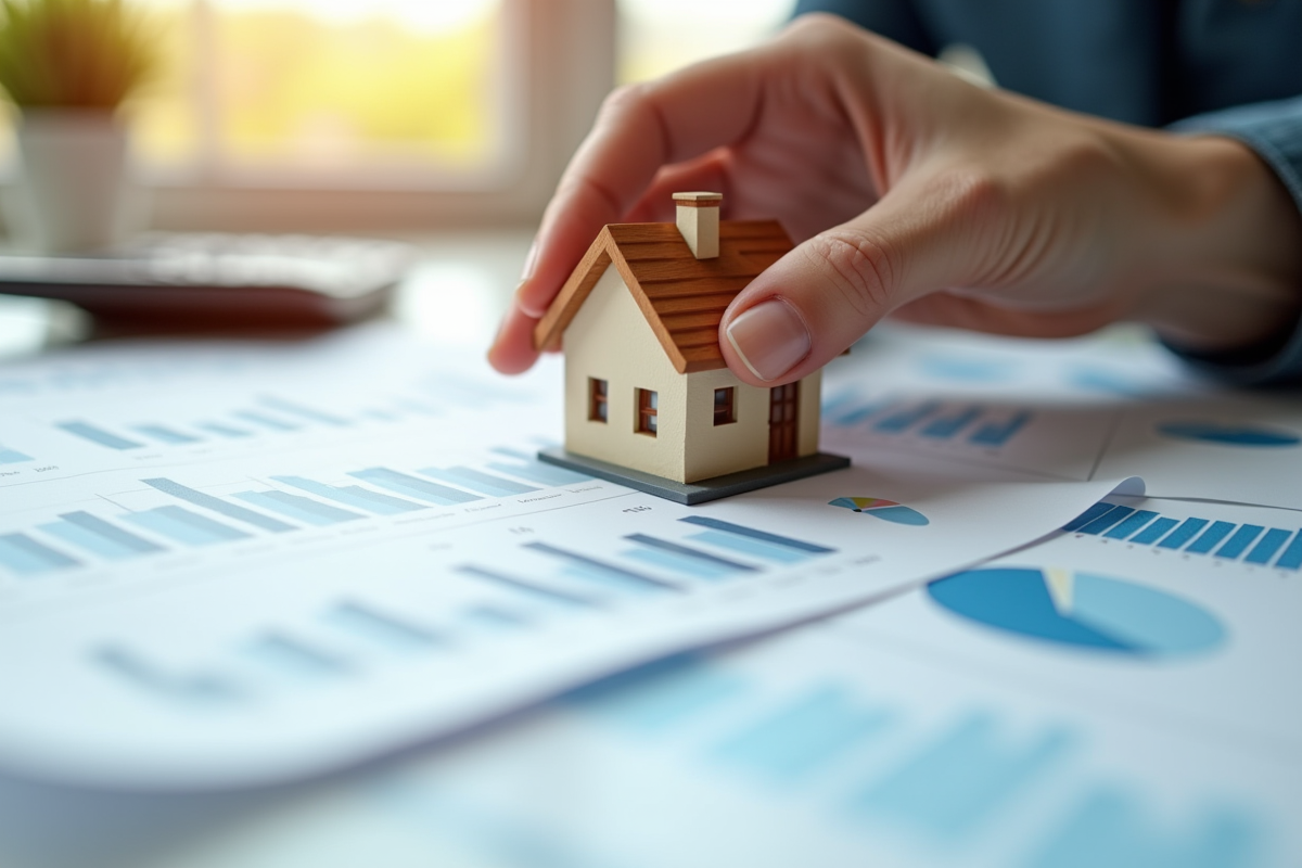 Main tenant une petite maison en modèle avec graphiques financiers