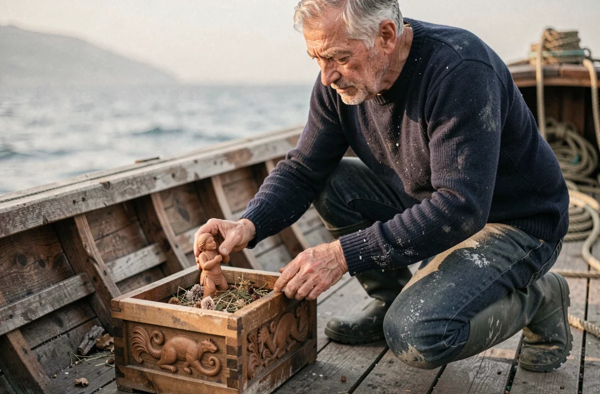 Vieux marin grec offrant un hommage à Poséidon sur un bateau de pêche en bois traditionnel