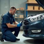 Mécanicien homme en overalls bleu utilisant un scanner auto