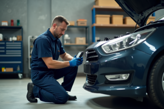 Mécanicien homme en overalls bleu utilisant un scanner auto