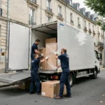 Équipe de déménagement professionnelle chargeant un camion blanc dans une rue résidentielle d'Amiens, dans la Somme