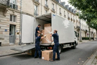 Équipe de déménagement professionnelle chargeant un camion blanc dans une rue résidentielle d'Amiens, dans la Somme