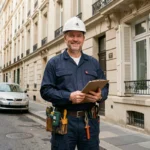 Électricien professionnel devant un immeuble résidentiel à Montreuil, représentant les meilleurs électriciens locaux
