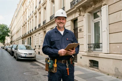 Électricien professionnel devant un immeuble résidentiel à Montreuil, représentant les meilleurs électriciens locaux