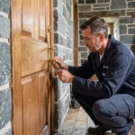 Un serrurier professionnel inspecte une serrure en laiton sur une porte en chêne dans une maison bretonne en pierre dans le Finistère