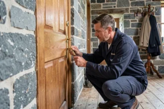 Un serrurier professionnel inspecte une serrure en laiton sur une porte en chêne dans une maison bretonne en pierre dans le Finistère