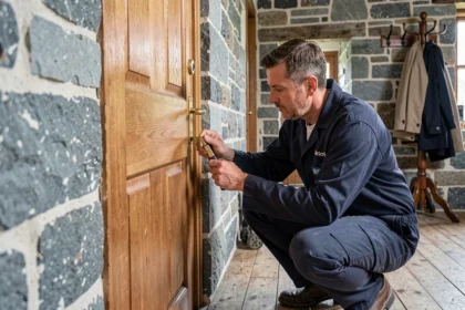 Un serrurier professionnel inspecte une serrure en laiton sur une porte en chêne dans une maison bretonne en pierre dans le Finistère