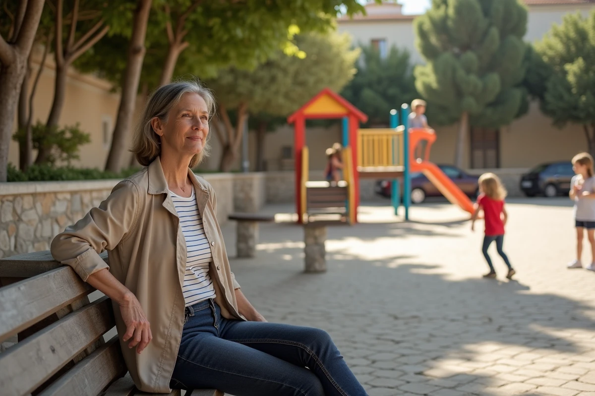 Mère de famille surveillant ses enfants dans un square de quartier nord à Marseille