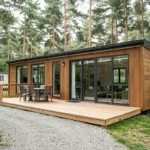 Extérieur moderne d'un mobil-home haut de gamme avec terrasse en bois et grande baie vitrée dans un camping verdoyant entouré de pins
