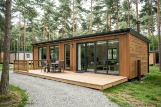 Extérieur moderne d'un mobil-home haut de gamme avec terrasse en bois et grande baie vitrée dans un camping verdoyant entouré de pins