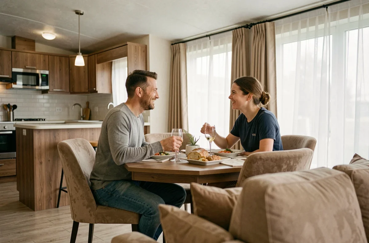 Intérieur spacieux et confortable d'un mobil-home moderne avec cuisine équipée et salon, couple profitant d'un repas convivial