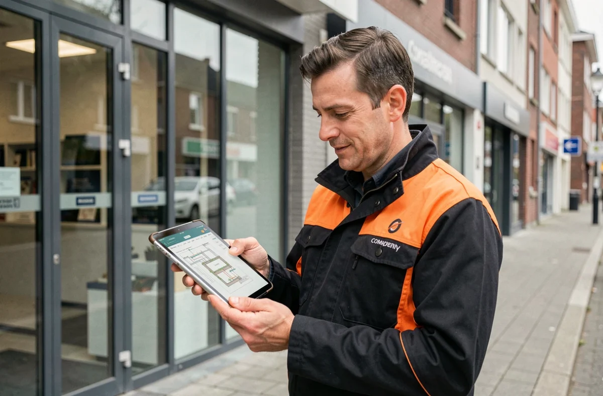 Électricien Monforte'lec devant une boutique commerciale à Montreuil consultant un plan sur tablette