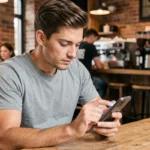 Homme utilisant son smartphone dans un café pour naviguer sur internet sans restriction