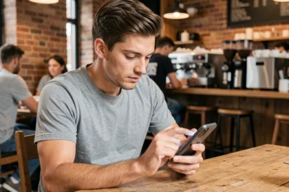 Homme utilisant son smartphone dans un café pour naviguer sur internet sans restriction