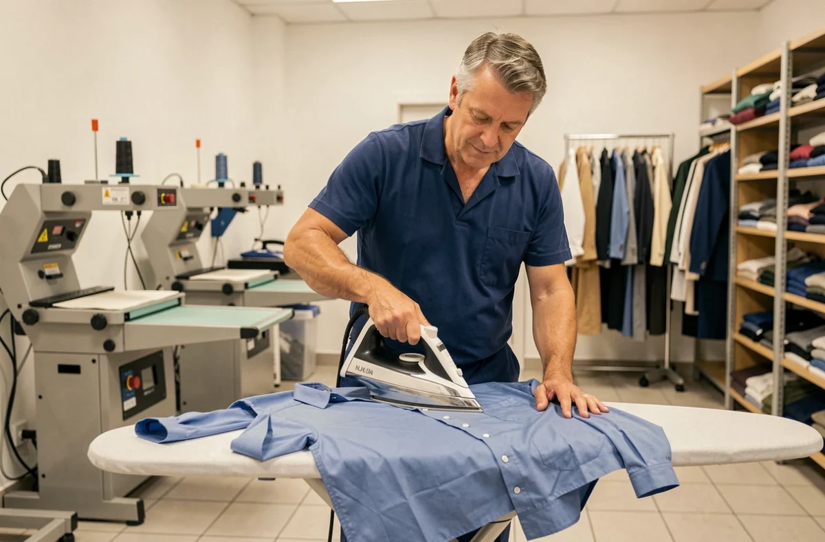 Technicien du NJA Pressing en Essonne utilisant une presse à vapeur sur une chemise blanche
