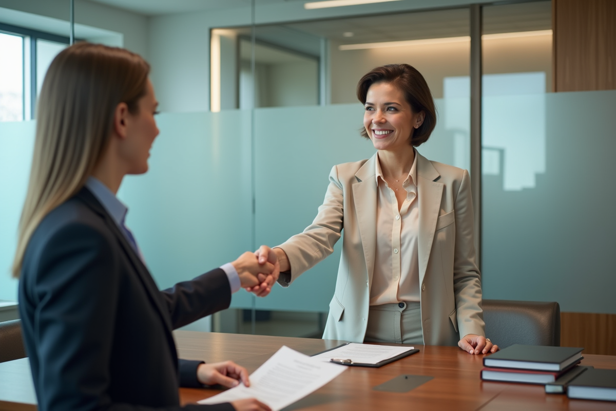 Femme notaire accueillant un client avec poignée de main