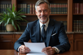 Notaire expérimenté en costume bleu assis à son bureau