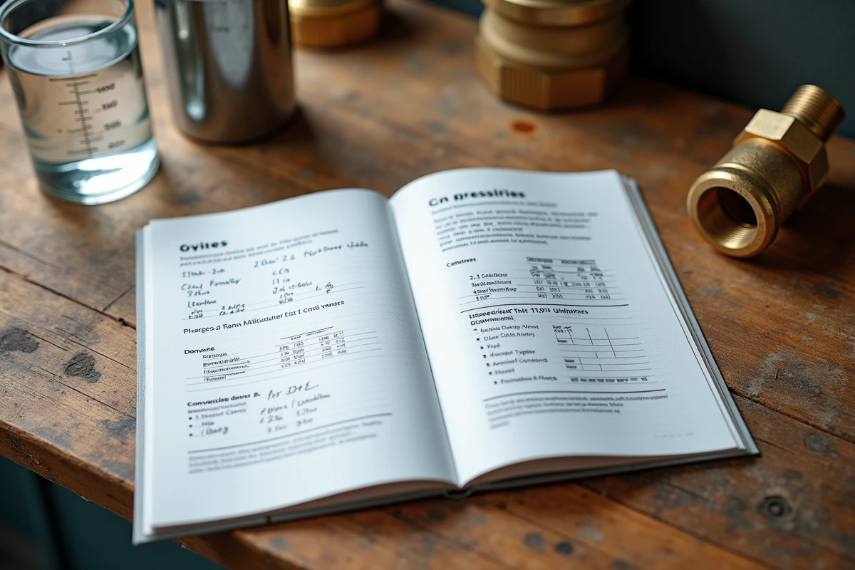 Notice de plomberie ouverte avec unités cm cube et litre, carnet de notes et raccord en laiton sur établi en bois