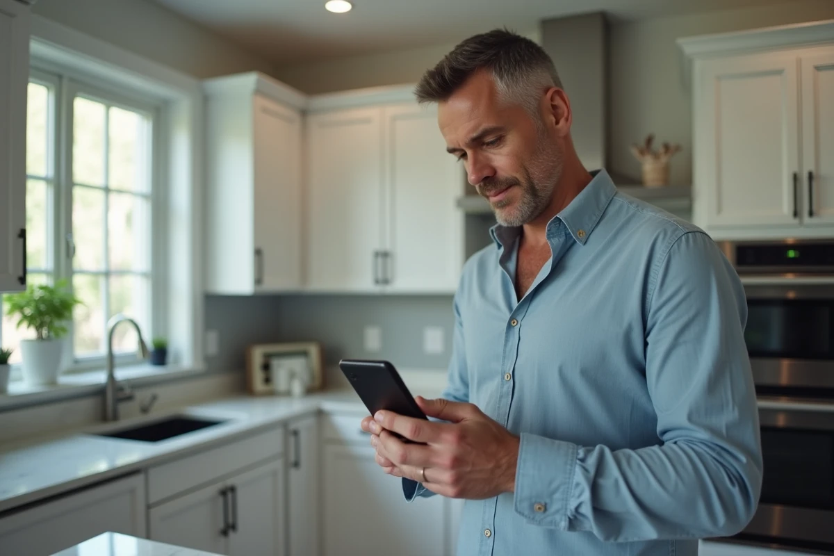 Un homme consultant la nouvelle URL d'un site de téléchargement sur son smartphone dans sa cuisine