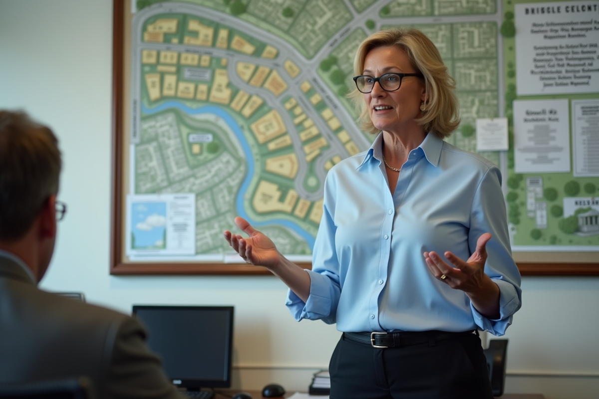 Femme municipale expliquant un plan d