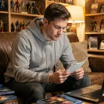 Jeune homme consultant une liste de films Spider-Man Tom Holland dans l'ordre sur un canapé entouré de Blu-ray