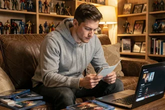 Jeune homme consultant une liste de films Spider-Man Tom Holland dans l'ordre sur un canapé entouré de Blu-ray