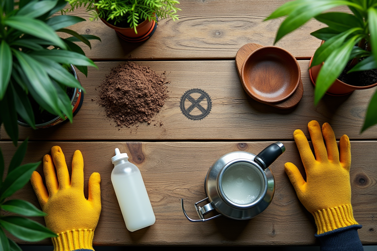 Outils de jardinage ecologiques sur une table en bois