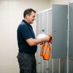 Ouvrier en tenue de sécurité dans vestiaires modernes