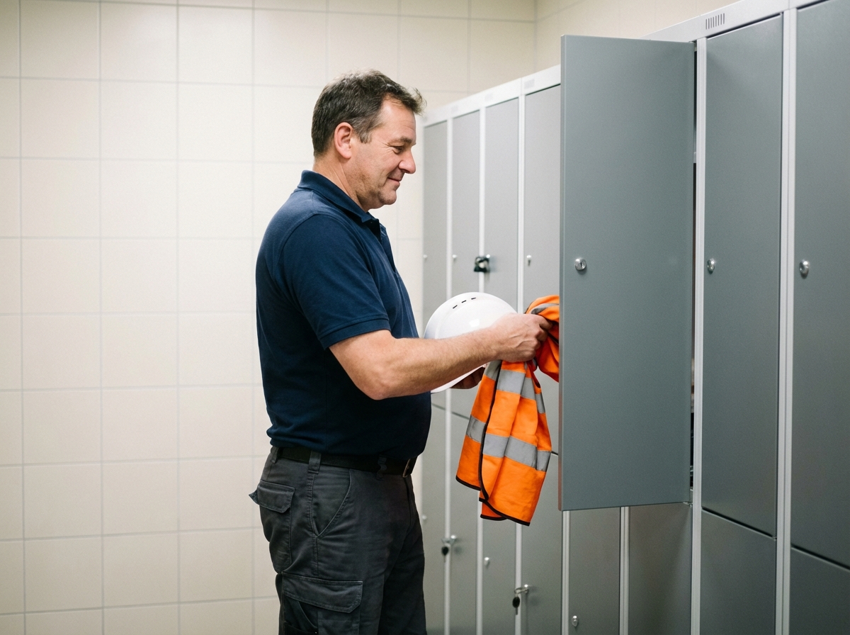 Ouvrier en tenue de sécurité dans vestiaires modernes