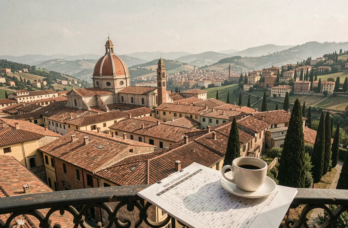 Panorama d'une ville italienne avec toits en tuiles et feuille de mots fléchés sur balcon