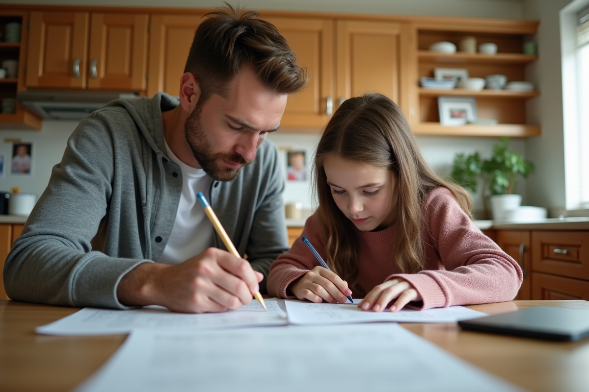 Père aidant sa fille à faire des papiers à la cuisine
