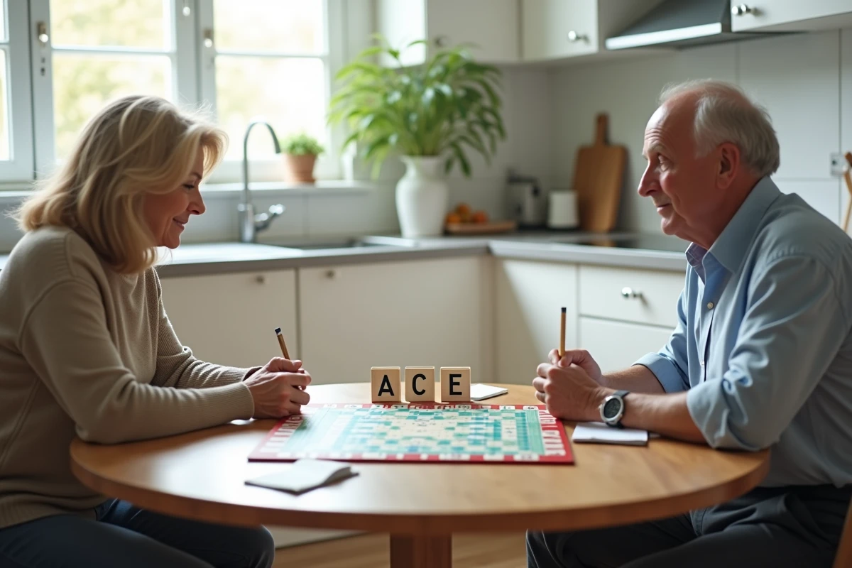 Deux joueurs de Scrabble en compétition autour d'un plateau avec le mot ACE au centre lors d'une partie en famille