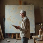 Peintre français du 20ème siècle dans son atelier parisien devant une toile inachevée