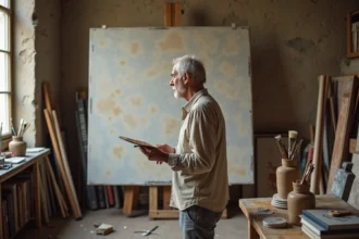 Peintre français du 20ème siècle dans son atelier parisien devant une toile inachevée