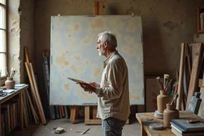 Peintre français du 20ème siècle dans son atelier parisien devant une toile inachevée