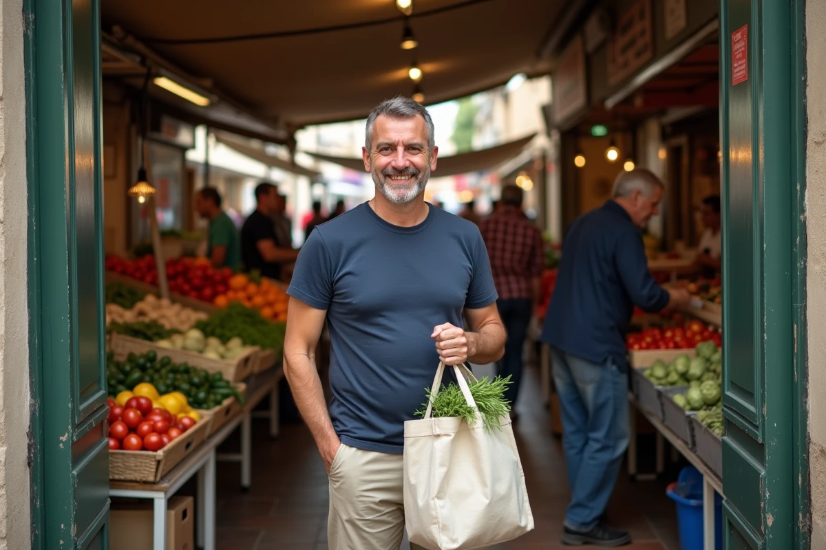 Père de famille faisant ses courses dans un marché couvert du nord de Marseille