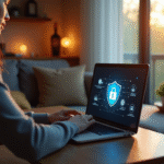 Personne travaillant sur un ordinateur portable dans un salon moderne et chaleureux