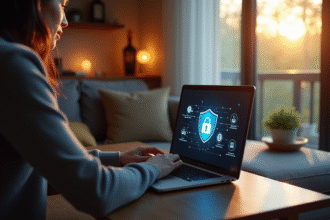 Personne travaillant sur un ordinateur portable dans un salon moderne et chaleureux