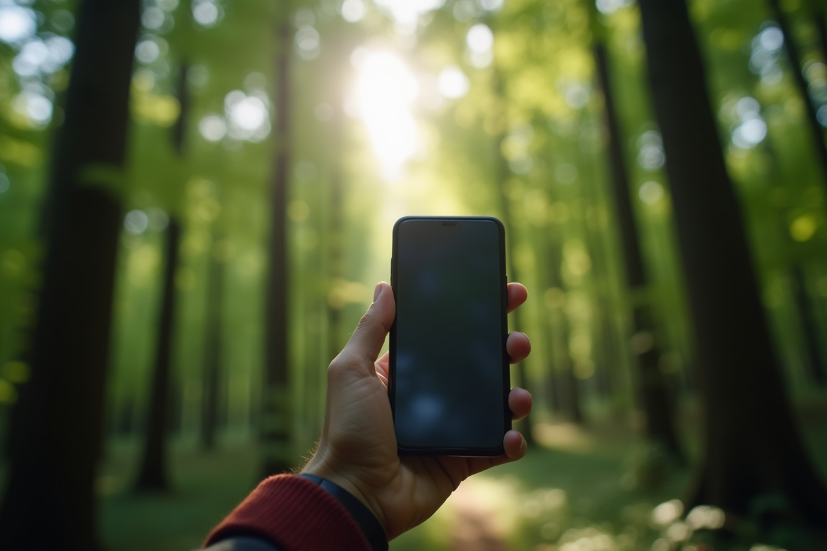 Personne cherchant signal avec smartphone en forêt en France
