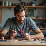 Homme adulte personnalisant une figurine Spider-Man custom avec de la peinture acrylique rouge dans un atelier de loisirs créatifs