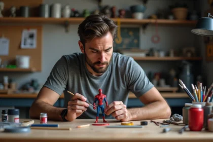 Homme adulte personnalisant une figurine Spider-Man custom avec de la peinture acrylique rouge dans un atelier de loisirs créatifs
